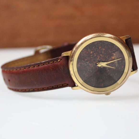 Fossil Brown Dial Unisex Watch Gold Case Leather Band 40mm Diamon Crystal Style - Picture 5 of 9